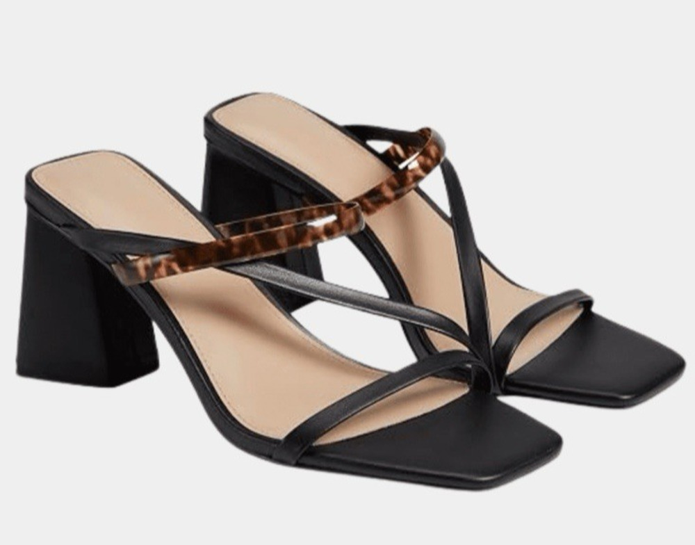 FARYL Womens Brittanie Sandals Black Leather Strappy Block Heel Square Toe 8.5 M
